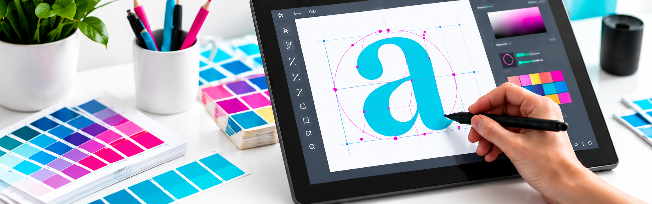 Progettazione grafica digitale su tavoletta con strumenti vettoriali